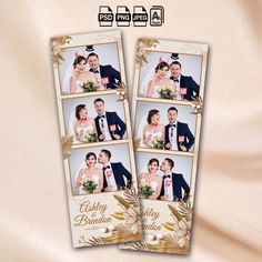 two wedding photo booth cards with the same image on them, one is gold and the other is white