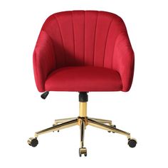 a red office chair with gold wheels and casteors