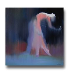 an abstract painting of a woman walking in the snow with her arms outstretched and legs spread out