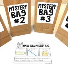 three brown paper bags with black and white stickers on them that say mystery bag