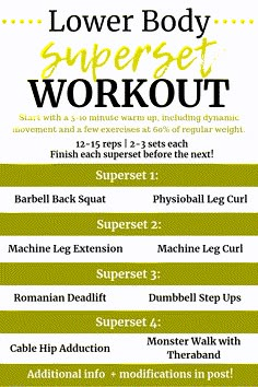 the lower body superset workout plan is shown in green and yellow, with instructions for each