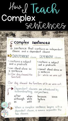 a close up of a piece of paper with writing on it and the words how to teach complex sentences