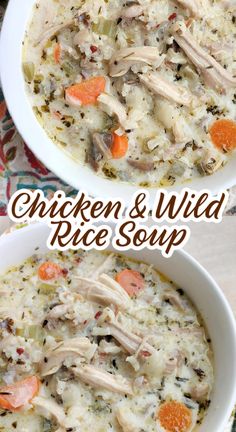 two bowls filled with chicken and wild rice soup