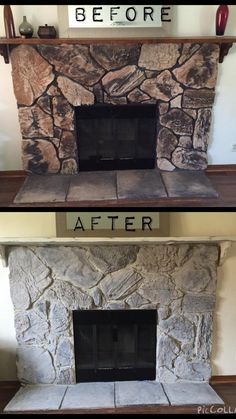 before and after pictures of a stone fireplace