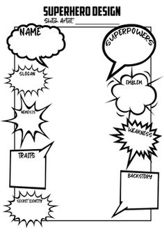 the superhero design worksheet is shown in black and white, with speech bubbles above it