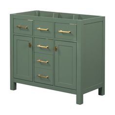 a green cabinet with gold handles and drawers