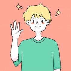 a boy with his hand up in the air and stars above him, on a pink background