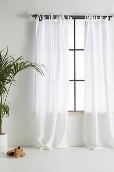 a potted plant sitting next to a window with white curtains on the windowsill