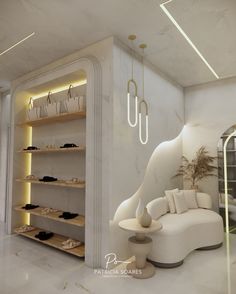 a room with white furniture and shelves filled with shoes