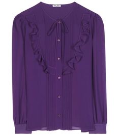 mytheresa.com -  Ruffled silk blouse - Luxury Fashion for Women / Designer clothing, shoes, bags Twyla Boogeyman, Purple Ruffle Top, Miu Miu Top, Frilly Blouse, Frill Blouse, Flounce Top, Blouse Purple, Old Fashion Dresses, Frill Tops