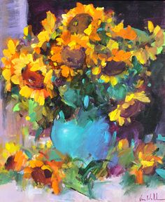 a painting of sunflowers in a blue vase