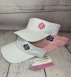 "This listing is for one Embroidered  Visor with 1-3 letter monogram. EMBROIDERY will be as seen in example picture.  Embroidery is placed at the front LEFT of the visor in the font shown .  Your choice of visor color and thread color. ❤️ monogram order is normally First name, LAST name, Middle name.  The Larger letter in the middle represents the LAST name. SEND MONOGRAM IN EXACT ORDER that you want it embroidered.  I DO NOT change the monogram order that you send me. ‼️ If there is no response Picture Embroidery, Monogram Hats, Monogram Embroidery, Letter Monogram, 3 Letter, Hook And Loop Tape, Middle Name, Embroidery Shop, Thread Colors