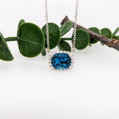 London Blue Topaz Necklace in Solid 14K White Gold with Natural Diamond Accents | Cushion 12x10mm | December Birthstone | Attached Chain London Blue Topaz Necklace, Blue Topaz Necklace, Topaz Necklace, Natural Earth, London Blue Topaz, London Blue, Blue Topaz, Natural Diamonds, Topaz