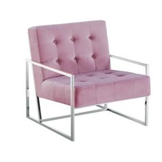 a pink chair with chrome frame and buttoned upholstered back, on a white background