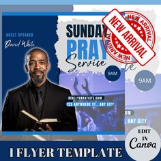 the flyer for sunday pray service with an image of a man in a suit and tie