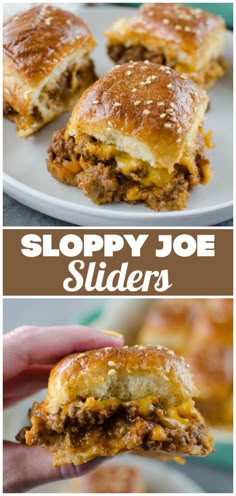 sloppy joe sliders on a white plate with text overlay