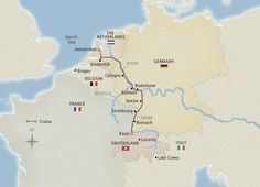 a map showing the route for europe and germany with cities, towns, rivers, and lakes