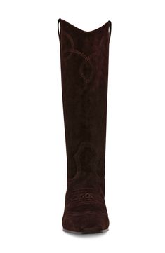 Tonal stitching underscores the Western aesthetic of a tall boot that's sure to upgrade your everyday look. 1 1/2" heel (size 8) 14" shaft; 16" calf circumference Pull-on style Leather upper/synthetic and textile lining/synthetic sole Imported Western Knee-high Boots With Suede Lining For Fall, Steve Madden Western Boot, Fitted Western Suede Knee-high Boots, Western Knee-high Boots With Suede Lining, Western Leather Knee-high Boots Medium Width, Luxury Brown Knee-high Cowboy Boots, Tall Boot, Western Boots Women, Western Aesthetic