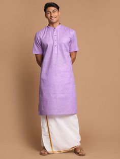 Vastramay Men's Purple Cotton Kurta And Mundu Set Stylish Kurta, Cotton Kurta, Hot Outfits, A Style, Style Statement, Ethnic Wear, Product Images, Purple Color, Color Purple