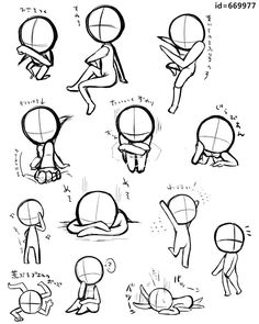 various poses and expressions for cartoon character design, including the head, shoulders, arms, legs