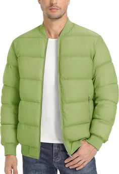 Stay warm and stylish with our Men's Puffer Casual Quilted Long Sleeve Bomber Jacket. This jacket features a quilted design and long sleeves to provide extra warmth and protection against the elements. Its casual yet fashionable look is perfect for any occasion. Fabric type Polyester SIZE NECK CHEST WAIST SLEEVE S 14-14½″ 34-36″ 28-30″ 32-33″ M 15-15½″ 38-40″ 32-34″ 33-34″ L 16-16½″ 42-44″ 36-38″ 34-35″ XL 17-17½″ 46-48″ 40-42″ 35-36″ 2XL 18-18½″ 50-52″ 44-46″ 36-37″ 3XL 19-19½″ 54-56″ 48-50″ 37 Casual Puffer Jacket With Stand Collar For Outdoor, Quilted Jacket With Stand Collar For Winter, Solid Casual Quilted Jacket With Long Sleeves, Winter Quilted Jacket With Stand Collar, Green Long Sleeve Puffer Jacket With Fleece Lining, Casual Quilted Outerwear With Stand Collar, Outdoor Puffer Jacket With Ribbed Cuffs, Casual Long Sleeve Quilted Puffer Jacket, Puffer Jacket With Padded Collar For Outdoor Activities