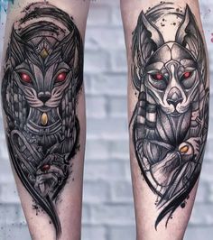 two tattoos on the legs of people with red eyes and an animal head in front of them