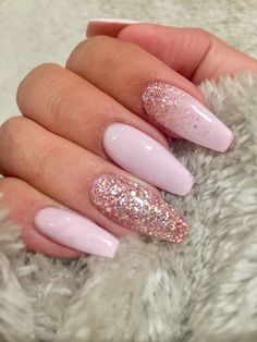 squoval nails in baby pink, decorated with pink glitter, and attached to a hand, gripping a light grey, fur-like fabric Hand Gripping, Grad Nails, Feeling 22, Squoval Nails, Light Pink Nails, Grey Fur, Coffin Shape Nails, Pink Acrylic Nails