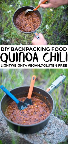 two pictures showing how to make an outdoor camping food recipe with quinoa chili