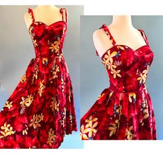 Adorable Vintage 1950s "Kamehameha"  Hawaiian Sundress with Vibrant Tropical Print! This little Hawaiian Sundress is just as cute as cute can be! ----Made using a crisp cotton print of tropical flowers in vibrant reds, burgundy and yellow!  It has a figure flattering design with  a structured  sweetheart bust and spagetty straps that tie  in a cute bow at the top the shoulders!   It is nipped at the waist that is  finished with matching fabric piping and has a long mid calf length pleated  skirt Hawaiian Sundress, Poolside Party, Vintage Sandals, Cute Bows, Tropical Flowers, Tropical Print, Dress Clothes For Women, Vibrant Red, Vintage 1950s