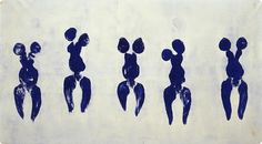 an art piece with blue paint on it depicting people in different positions and sizes,