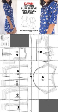 Dawn Dress Sewing Pattern Dress Tutorial, Puff Sleeve Mini Dress, Dress Tutorials, Diy Buttons, Dress Sewing Pattern