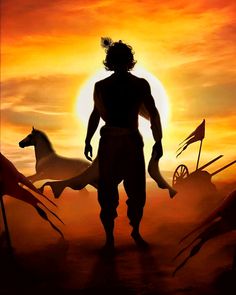 the silhouette of a man standing next to two horses in front of an orange sky