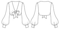 the front and back views of a blouse with tied up sleeves, from left to right