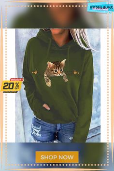 Women's Urban Leisure Long-sleeved Animal Print Sweater Coat Casual Long Sleeve Top With Cat Print, Casual Long Sleeve Hoodie With Cat Print, Casual Fall Sweatshirt With Cat Print, Long Sleeve Cat Print Top For Winter, Casual Long Sleeve Sweatshirt With Cat Print, Long Sleeve Tops With Cat Print For Winter, Fall Long Sleeve Hoodie With Cat Print, Winter Long Sleeve Tops With Cat Print, Fitted Green Long Sleeve Sweatshirt