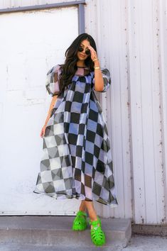 Star Energy Organza Dress in Checkerboard – Dressed in Lala Satin Playsuit, Dressed In Lala, Organza Dress, Eclectic Fashion, 2025 Fashion, Teacher Outfits, Knit Set, Knit Sweater Cardigan, Style Board