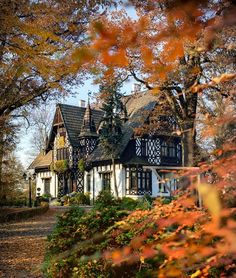 an old style house surrounded by trees and leaves