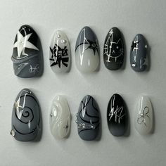 ✨⭐️ 〰️ #nail #pressonnails #nailinspo #chrome #viral #instagram #star #bowtie #ribbon #cat | Instagram Dark Nail Designs Almond, Acubi Nail Designs, Acubi Nails Short, Skz Inspired Nails, Skz Nails Idea, Acubi Nails, Pop Nails, Dark Nail Designs, Concert Nails