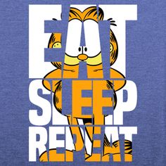 a blue shirt with the words eat sleep repeat written on it and a cartoon cat