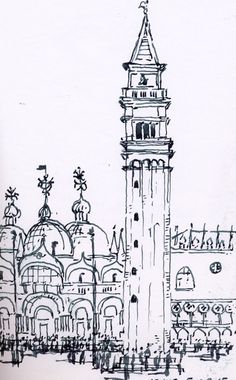 a drawing of a clock tower in the middle of a city with people walking around