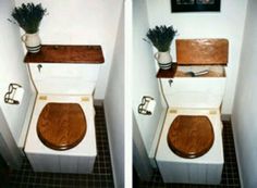 two pictures of a toilet with the lid up and flowers on the tank above it