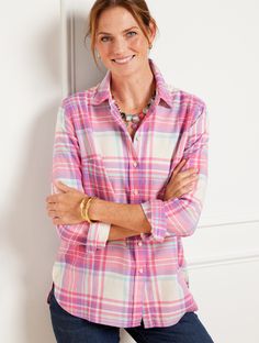 We’ve updated our button front shirt with a high-low hem and an on-trend, relaxed silhouette you’ll love. Looks great tucked in or out, unbuttoned or buttoned. Made from cotton flannel in a fetching jingle bell plaid. Features Long Sleeve Hits At Hip Shirt Collar Button front closure Curved hem Imported Fit: Misses: 28"; Petite: 26"; Plus: 30 1/2"; Plus Petite: 28 1/2" Material: 100% Cotton Care: Machine Wash Cold; Only Non-Chlorine Bleach When Needed; Tumble Dry Low; Cool Iron, If Needed | Flannel Modern Classic Shirt - Jingle Bell Plaid - 100% Cotton Talbots Long Quilted Coat, Shop Pants, Funnel Neck Sweater, Detailed Sweater, Classic Style Women, Cable Sweater, Jingle Bell, Quilted Coat, Printed Shift Dress