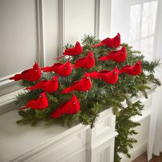 a group of red birds sitting on top of a christmas tree next to a window