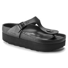 Gizeh Platform Leather Black | BIRKENSTOCK Birkenstock Styles, Black Birkenstock, Birkenstock Style, Boys Sandals, Suede Fashion, Calf Muscles, Black Shop, Girls Sandals, Platform Wedge Sandals