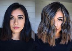 Black To Light Hair Transformation, Dark Hair Transformation To Light, Black Hair To Light Brown Transformation, Dark To Light Hair Transformation Short, Balayage On Short Black Hair, Dark Hair Transformation, Black Hair Transformation, Short Black Hair With Highlights, Balayage Transformation