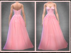 a pink dress with flowers on the bust and bottom, is shown in three different angles