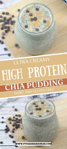 high protein chia pudding in a glass jar with chocolate chips on top and the title overlay reads ultra creamy high protein chia pudding