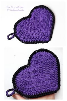 two crocheted hearts are shown in purple and black