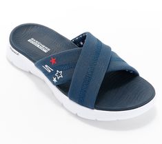 These patriotic slide sandals are ideal for all those summer days and nights. The Goga Mat footbed and UltraGO cushioning make them a treat for your feet. From Skechers. Beach Slide Slippers With Ortholite Insole, Summer Slides With Gel Cushioning, Ortholite Slide Sport Sandals For Vacation, Summer Sports Sandals With Gel Cushioning, Beach Slides With Gel Cushioning And Round Toe, Summer Open Toe Slides With Gel Cushioning, Summer Gel Cushioning Open Toe Slides, Sporty Summer Slides With Gel Cushioning, Sporty Sandals With Gel Cushioning For Beach