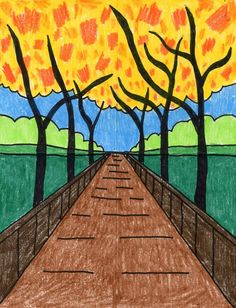 a drawing of a dirt road with trees on either side and yellow sky in the background