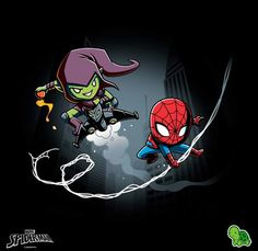 two cartoon characters flying through the air in front of a black background with spiderman and green